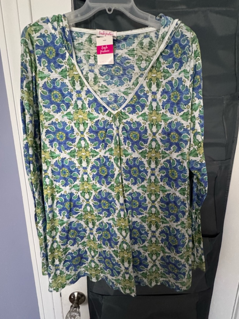 fresh produce Blue and Green Floral Tile V-Neck Long Sleeve Top